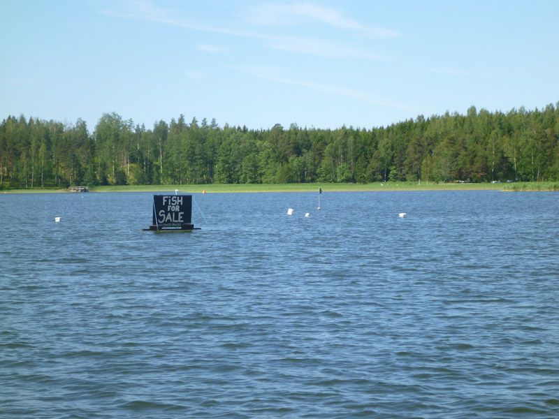 Verkaufsschilder auf dem Wasser begegnen uns.