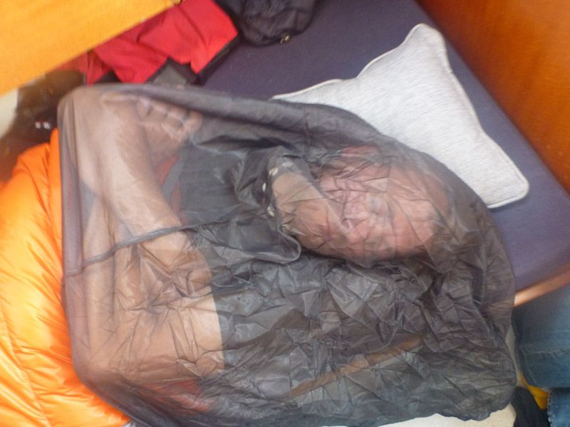 Ab und an verirren sich auch Gäste an Bord, die wir nicht so gerne haben (Moskitos) - aber Andreas weiß sich zu schützen.